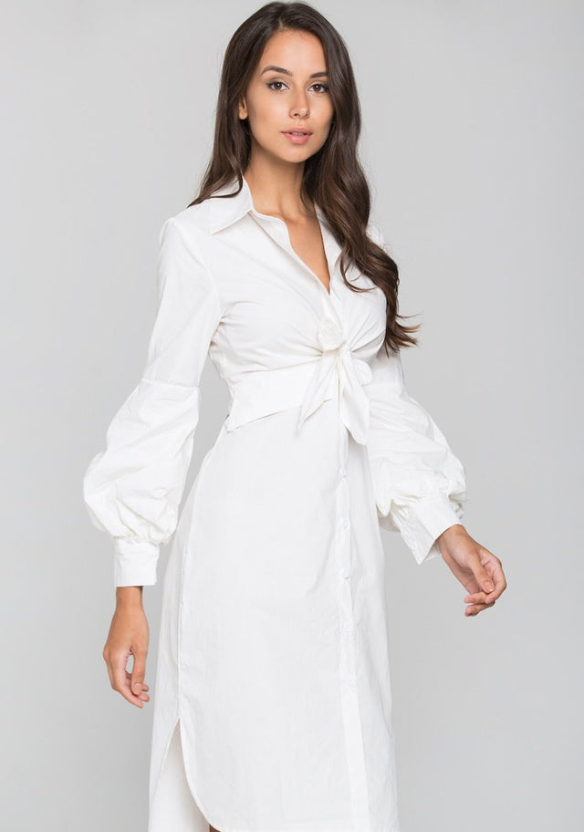White Tie Front Shirt Midi Dress - ownthelooks-Development