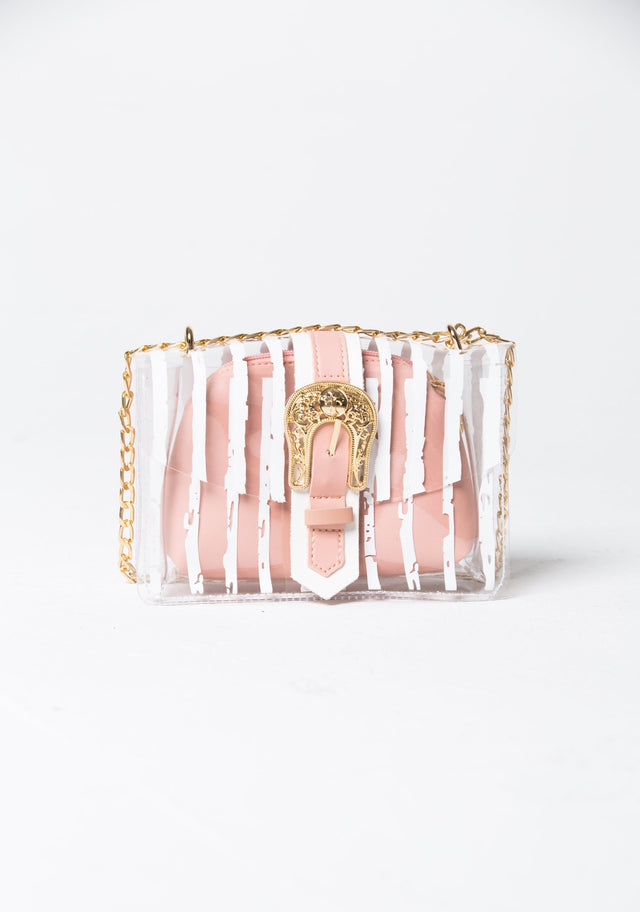 White Transparent Plastic Stripe Print Baguette Shoulder Bag - ownthelooks-Development