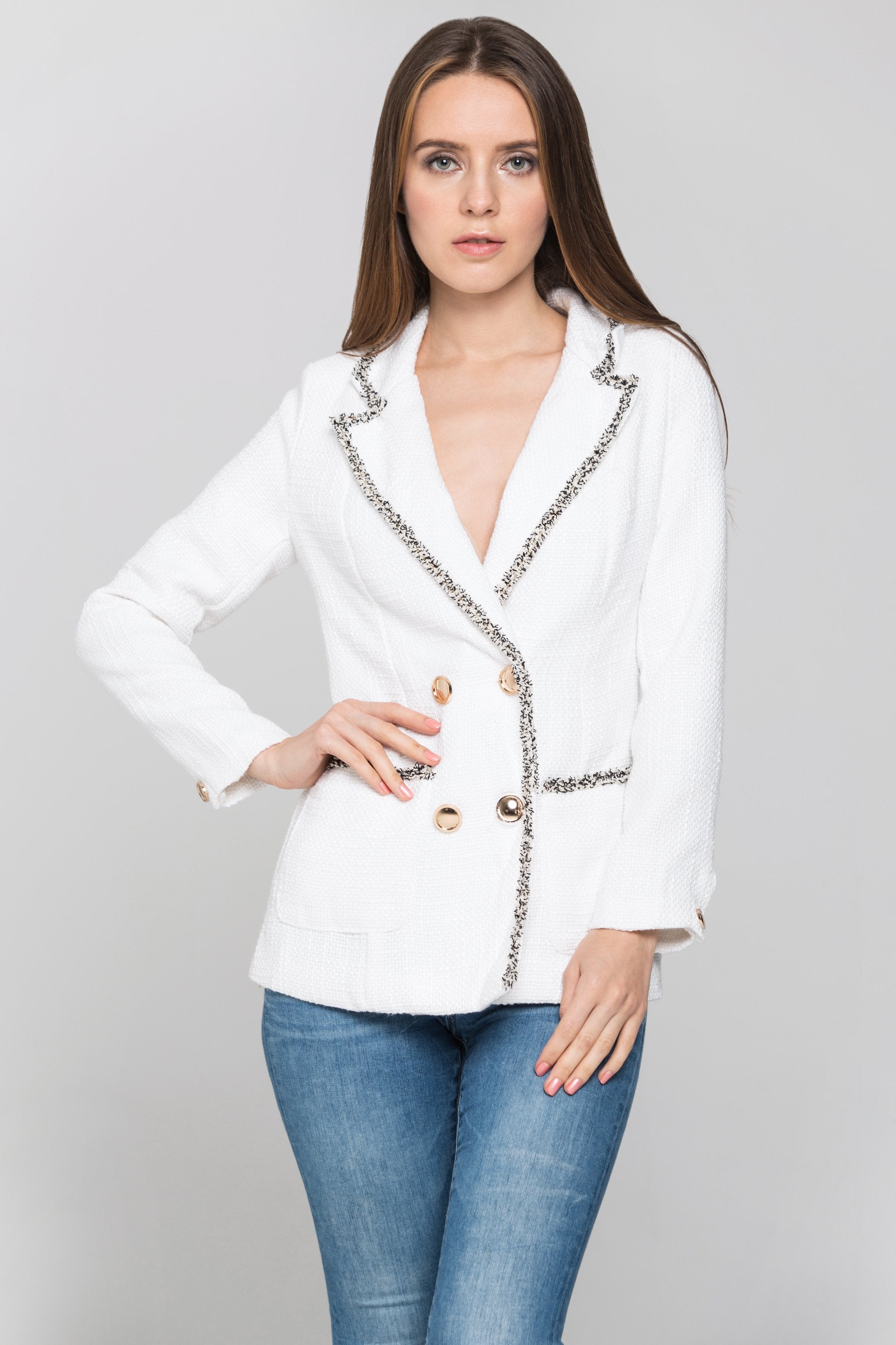 White Tweed Frilled Trim Blazer - ownthelooks-Development White Tweed Frilled Trim Blazer - ownthelooks-Development