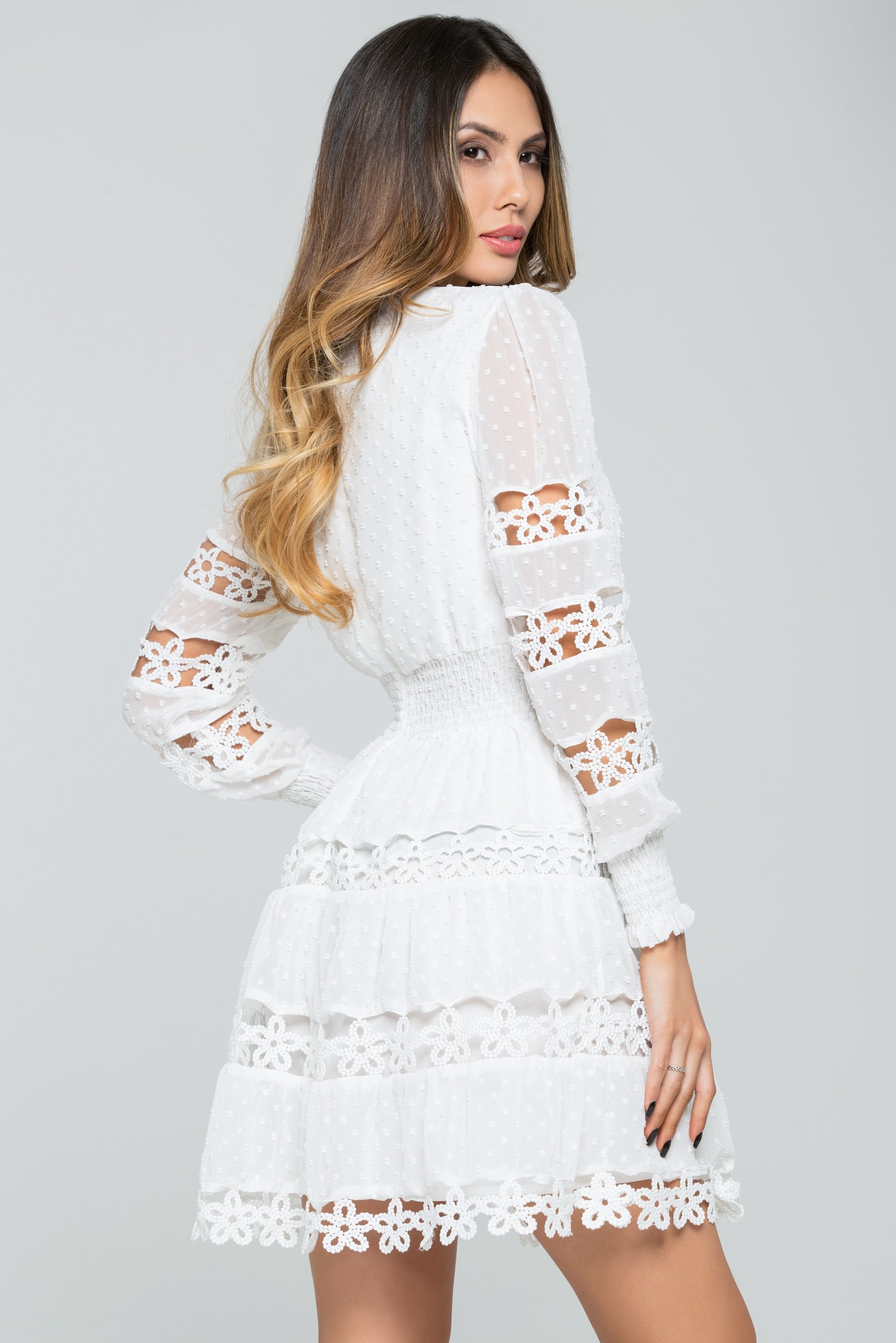 White V-neck Lace Cutwork Trim Dress - ownthelooks-Development White V-neck Lace Cutwork Trim Dress - ownthelooks-Development