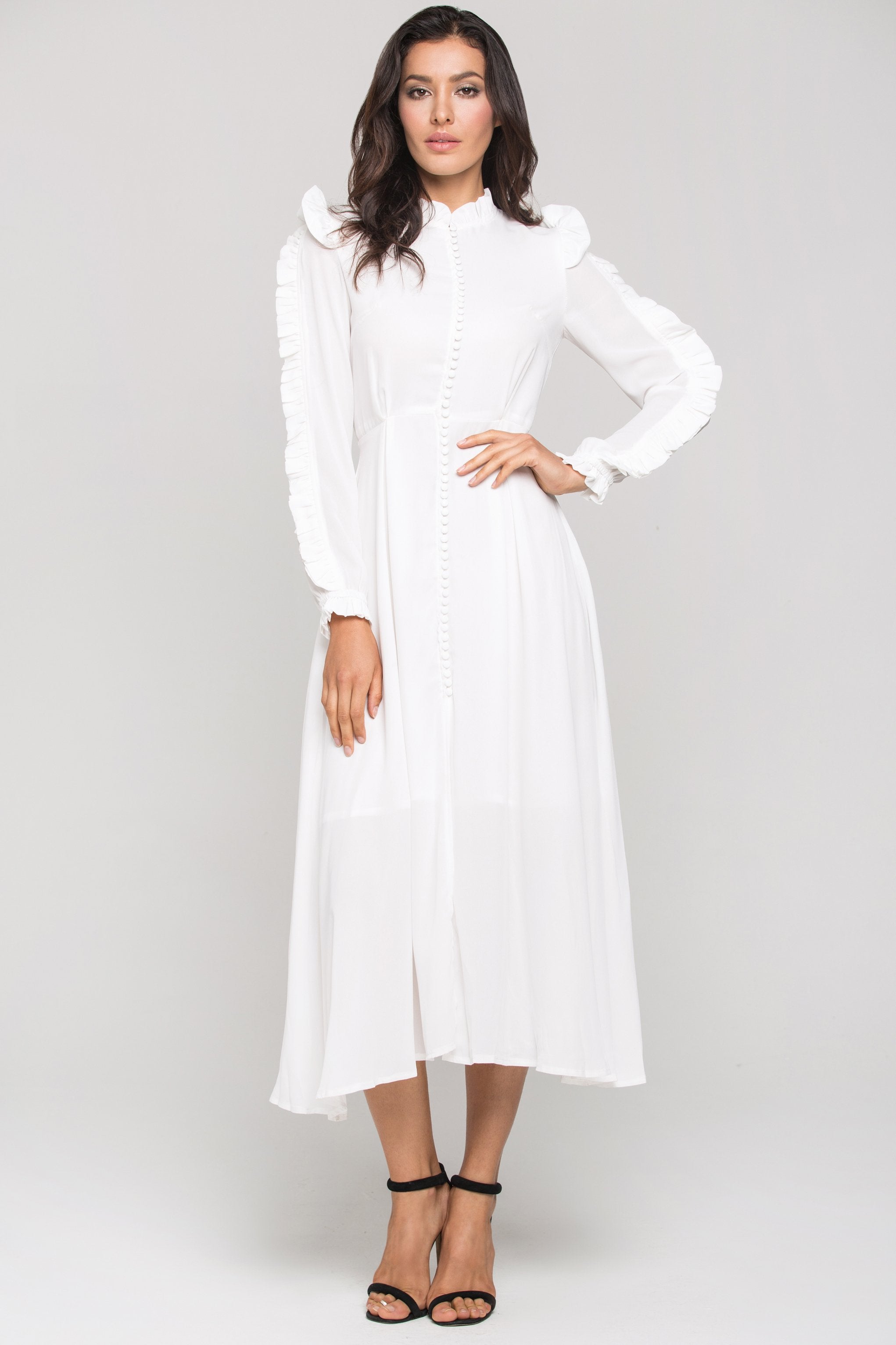 White vintage Ruffle neck Long Sleeves Midi Dress - ownthelooks-Development White vintage Ruffle neck Long Sleeves Midi Dress - ownthelooks-Development