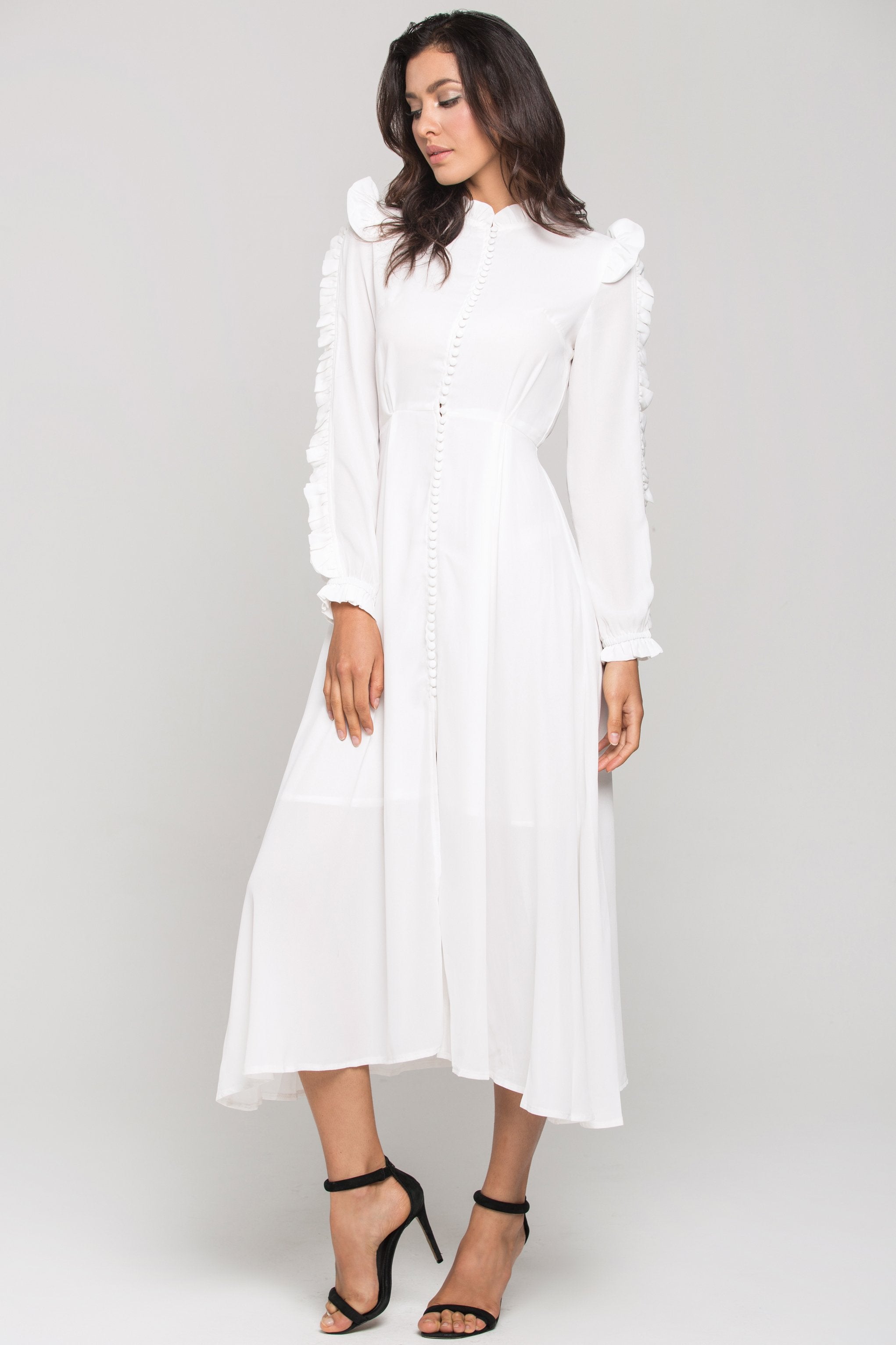 White vintage Ruffle neck Long Sleeves Midi Dress - ownthelooks-Development White vintage Ruffle neck Long Sleeves Midi Dress - ownthelooks-Development