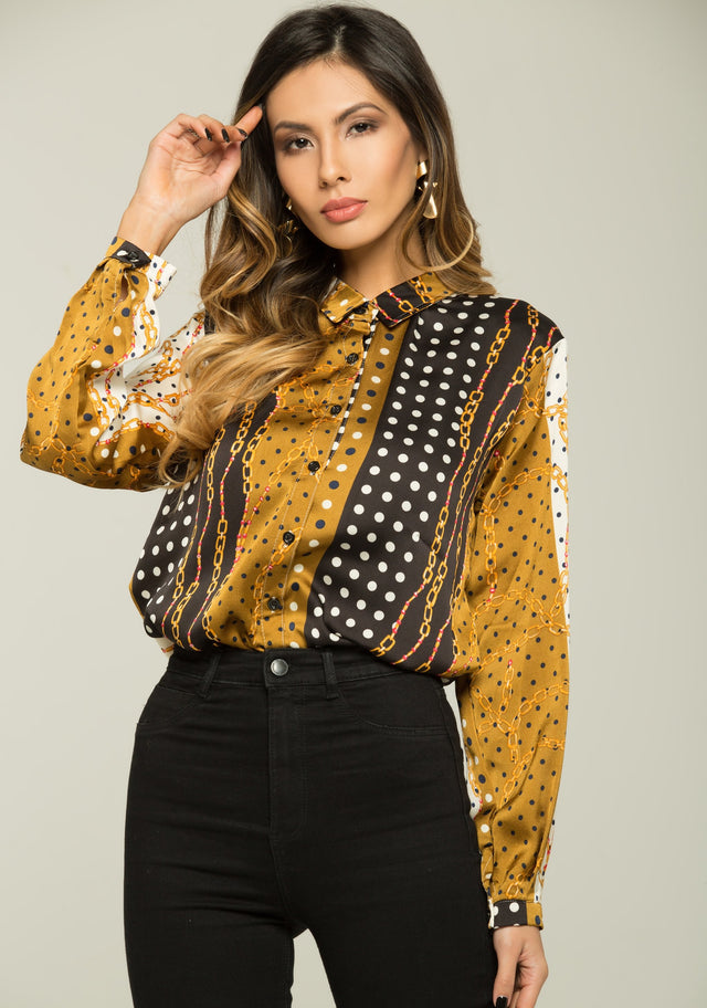 White and Black Dots with Gold Chains Print Button-up Top - ownthelooks-Development