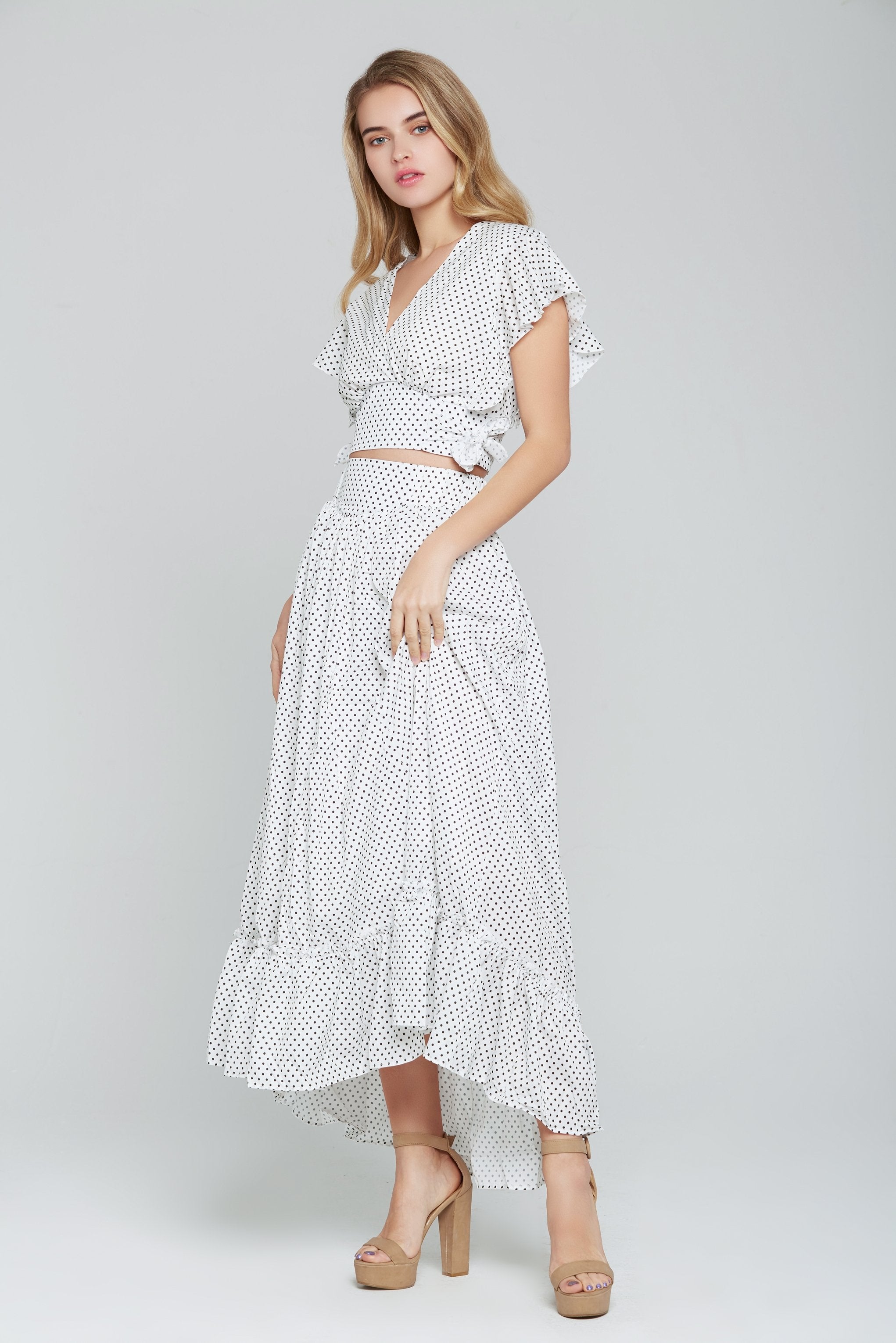 White and Black Polka dots Crop Top and Ruffled Skirt Set - ownthelooks-Development White and Black Polka dots Crop Top and Ruffled Skirt Set - ownthelooks-Development