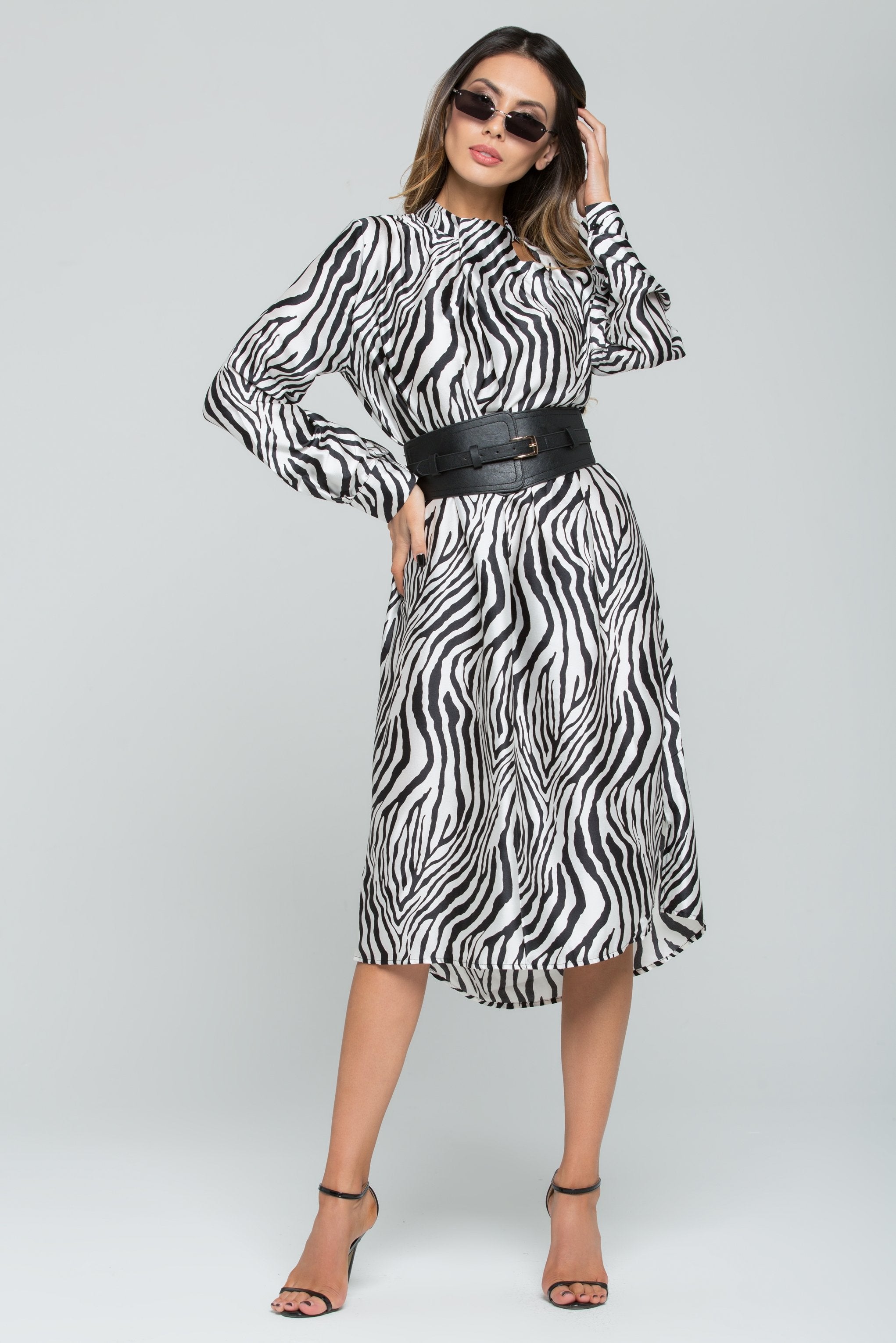White and Black Zebra Print Belted Midi Dress - ownthelooks-Development White and Black Zebra Print Belted Midi Dress - ownthelooks-Development