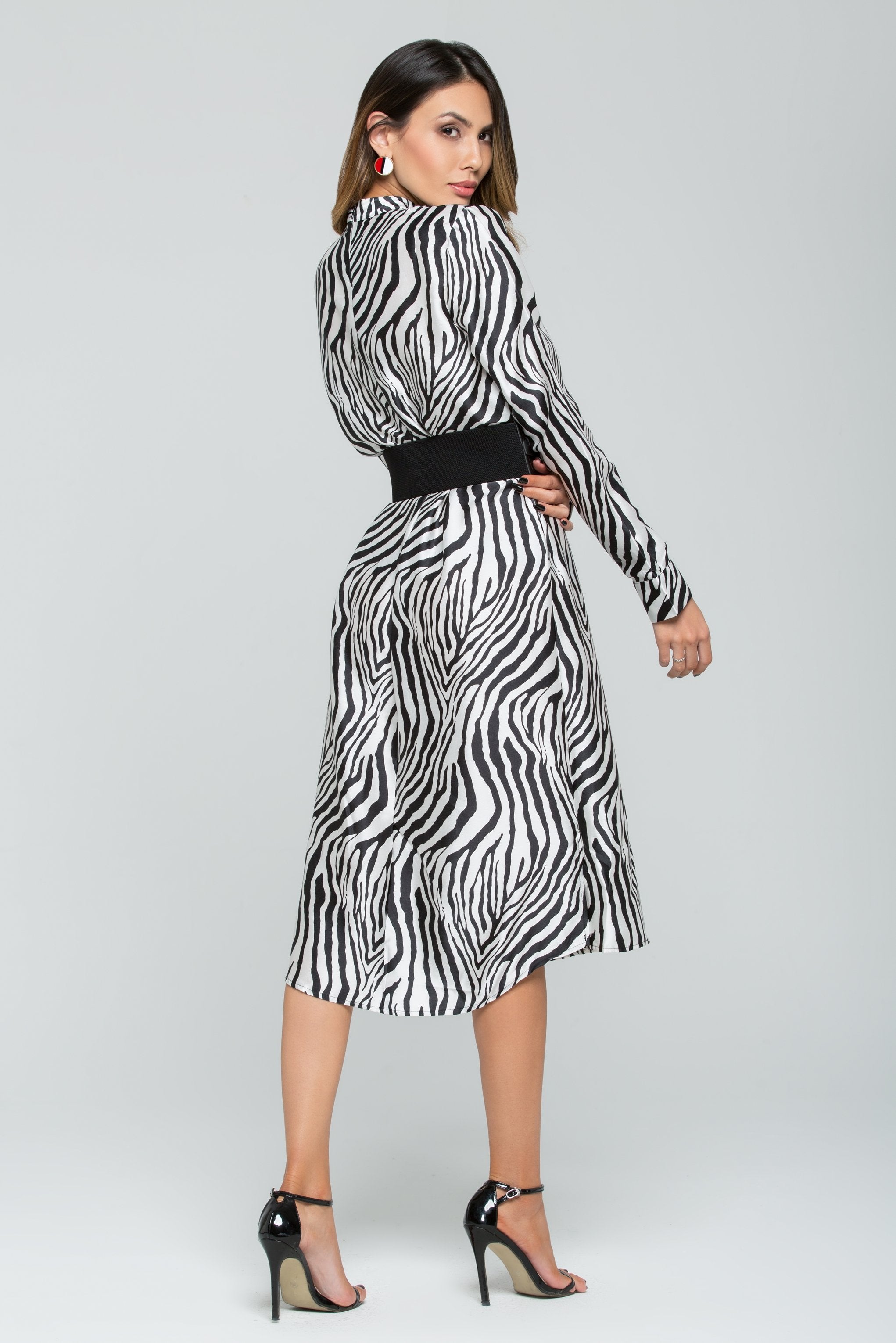 White and Black Zebra Print Belted Midi Dress - ownthelooks-Development White and Black Zebra Print Belted Midi Dress - ownthelooks-Development