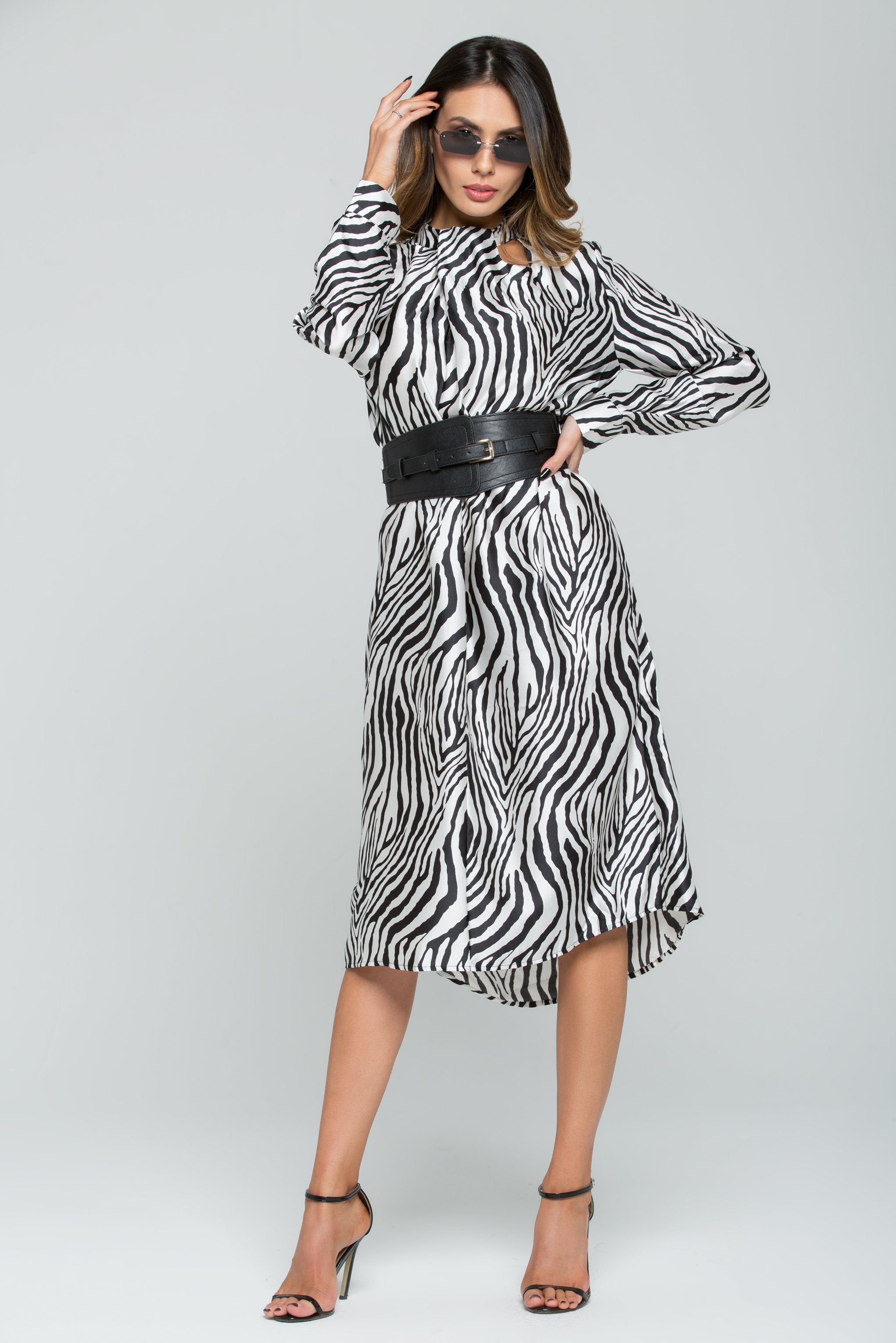 White and Black Zebra Print Belted Midi Dress - ownthelooks-Development White and Black Zebra Print Belted Midi Dress - ownthelooks-Development