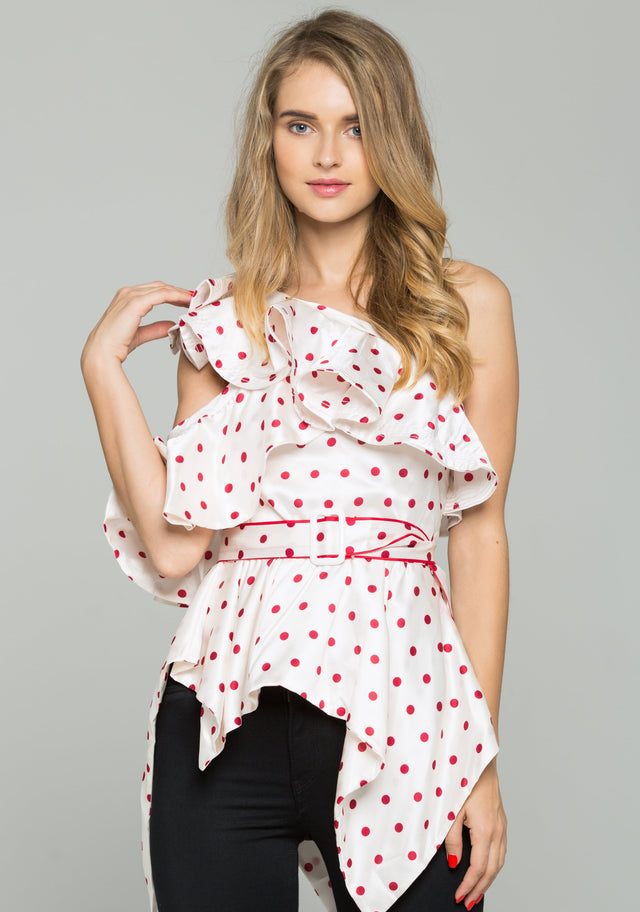 White and Red Polka dot One-shoulder Belted Top - ownthelooks-Development
