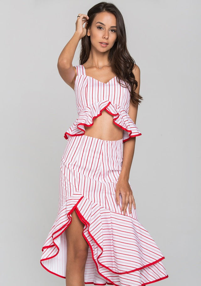 White and Red Stripe Ruffled Two Piece Midi Dress - ownthelooks-Development