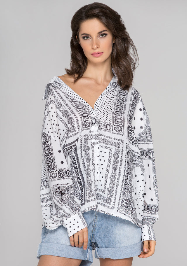 White Silk Button Up Bandana Top - ownthelooks-Development