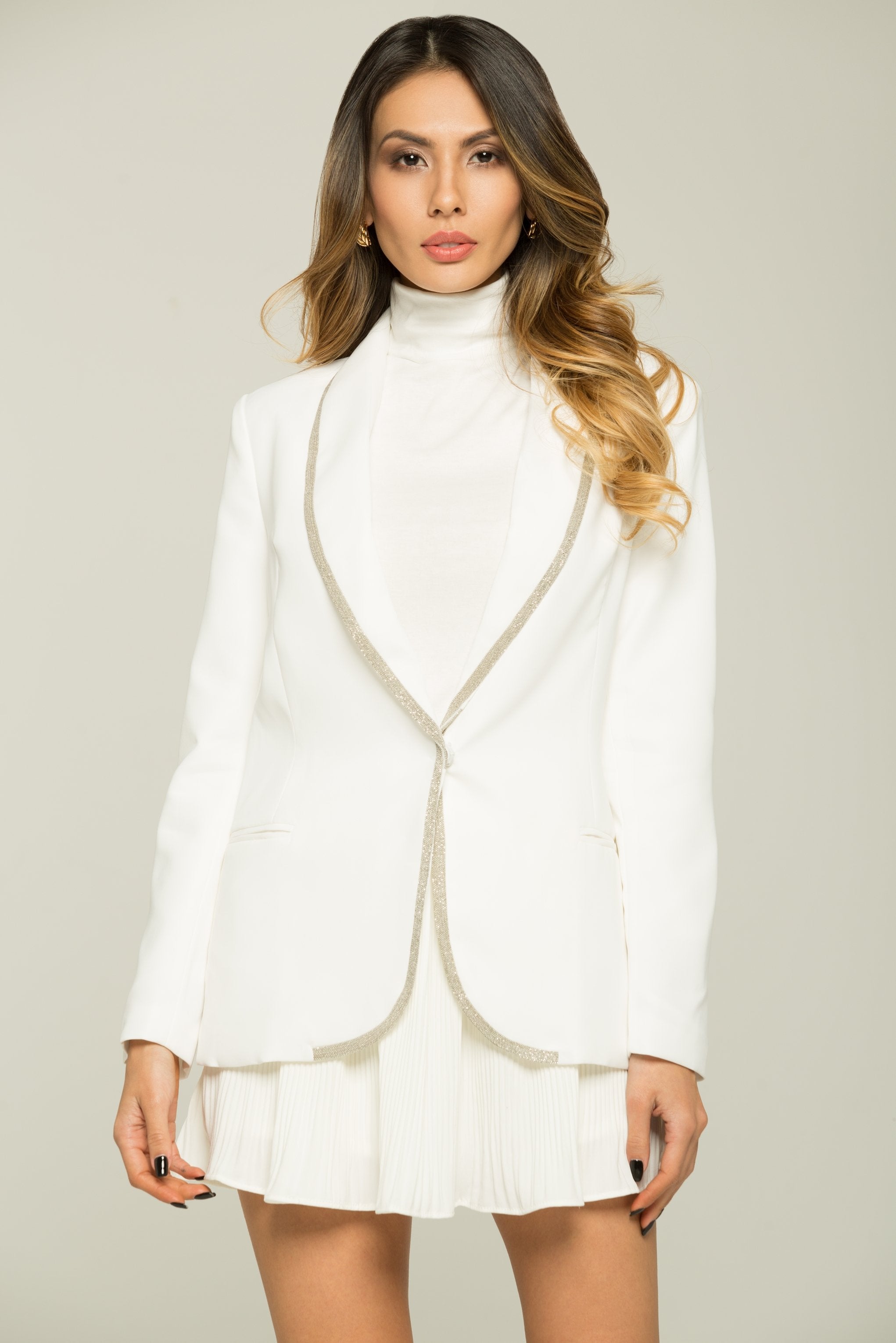 White with Silver Beads Trim Blazer - ownthelooks-Development White with Silver Beads Trim Blazer - ownthelooks-Development