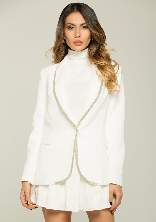 White with Silver Beads Trim Blazer - ownthelooks-Development