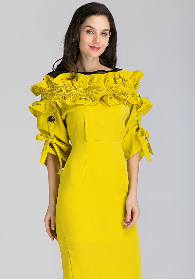 Yellow Ruffled Puff Sleeve Midi Dress - ownthelooks-Development