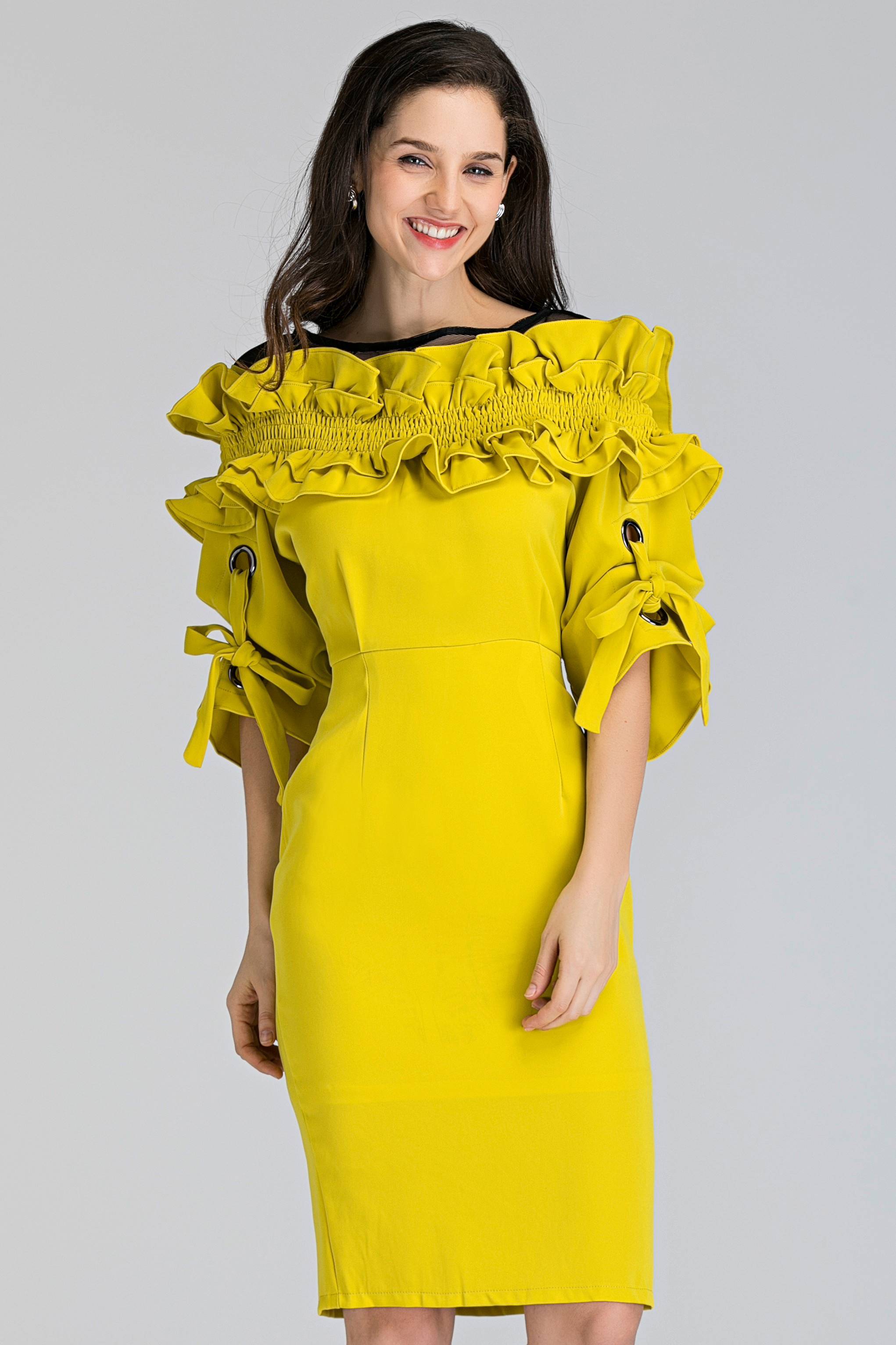 Yellow Ruffled Puff Sleeve Midi Dress - ownthelooks-Development Yellow Ruffled Puff Sleeve Midi Dress - ownthelooks-Development