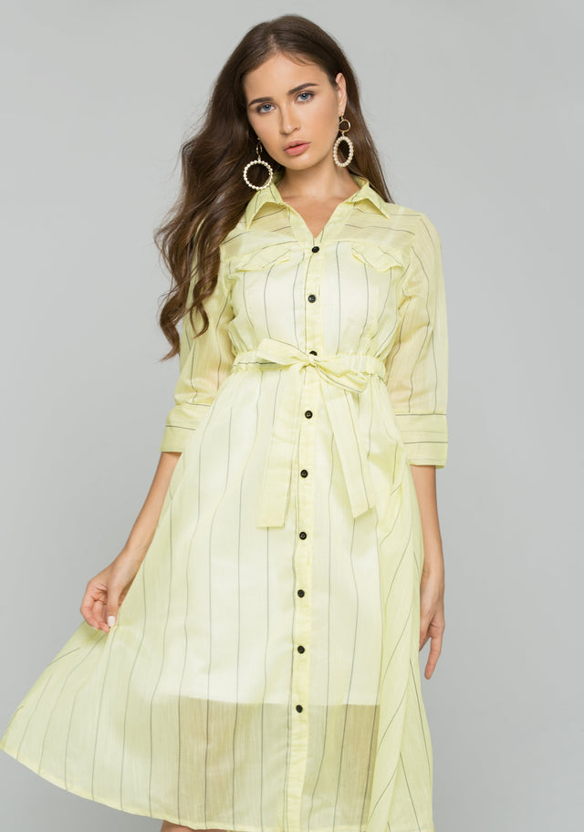 Yellow Cotton Striped Button-Down Belt Strap Shirt Dress - ownthelooks-Development