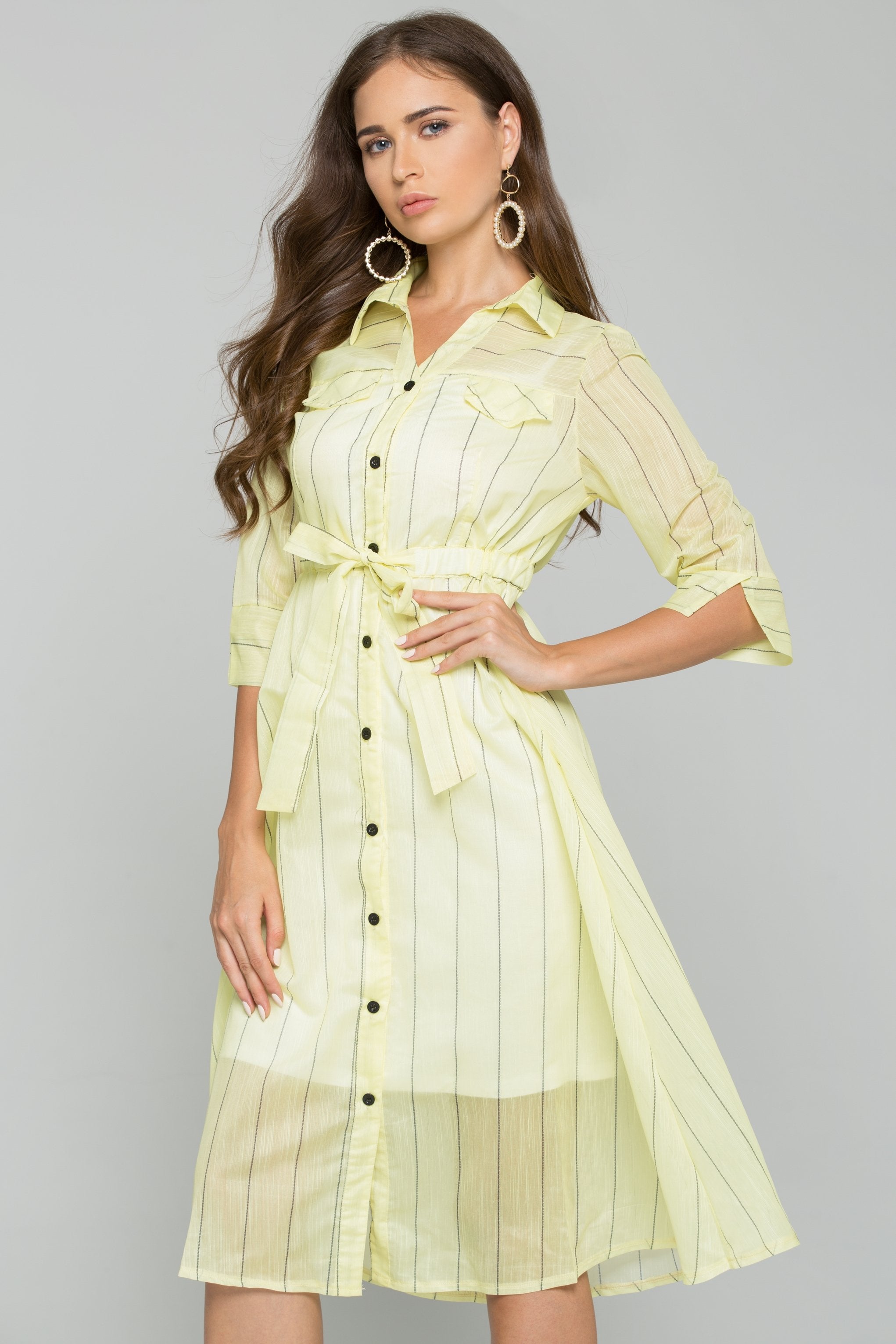 Yellow Cotton Striped Button-Down Belt Strap Shirt Dress - ownthelooks-Development Yellow Cotton Striped Button-Down Belt Strap Shirt Dress - ownthelooks-Development