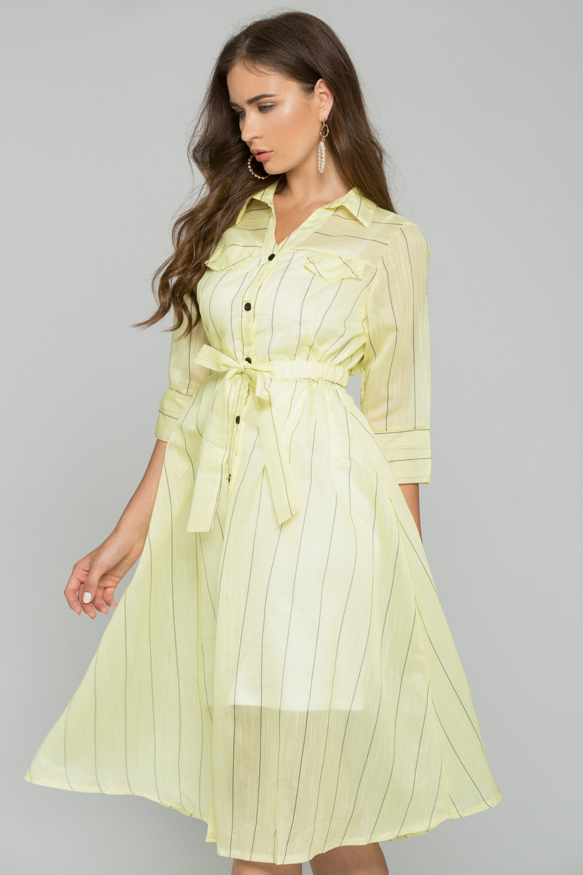 Yellow Cotton Striped Button-Down Belt Strap Shirt Dress - ownthelooks-Development Yellow Cotton Striped Button-Down Belt Strap Shirt Dress - ownthelooks-Development