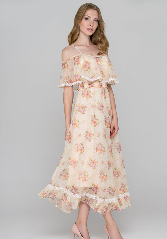 Yellow Floral Print Cold Shoulder Maxi Dress - ownthelooks-Development