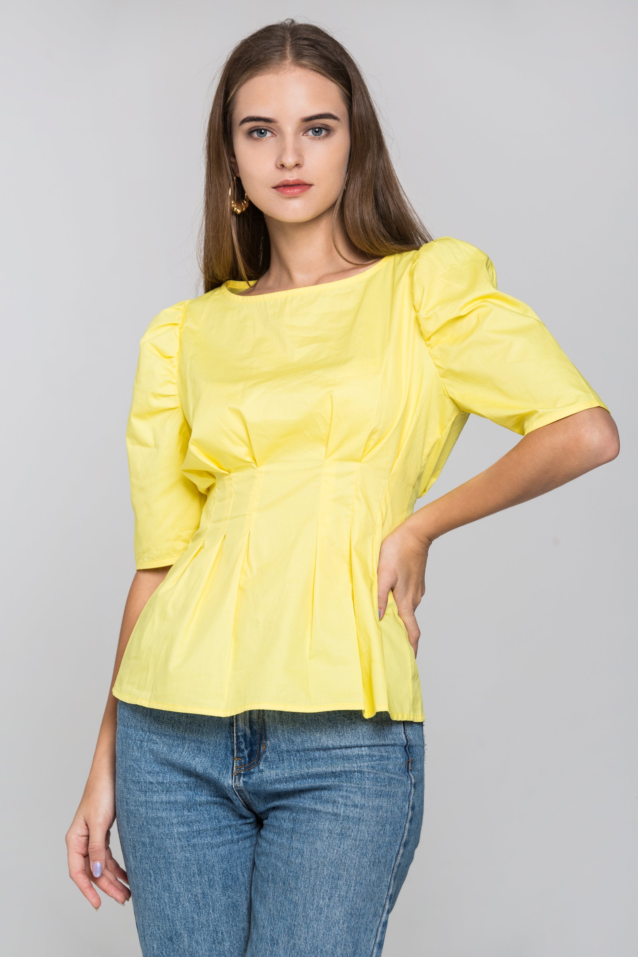 Yellow Pleated Waist Puff Sleeves Top - ownthelooks-Development Yellow Pleated Waist Puff Sleeves Top - ownthelooks-Development