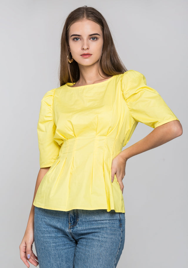 Yellow Pleated Waist Puff Sleeves Top - ownthelooks-Development