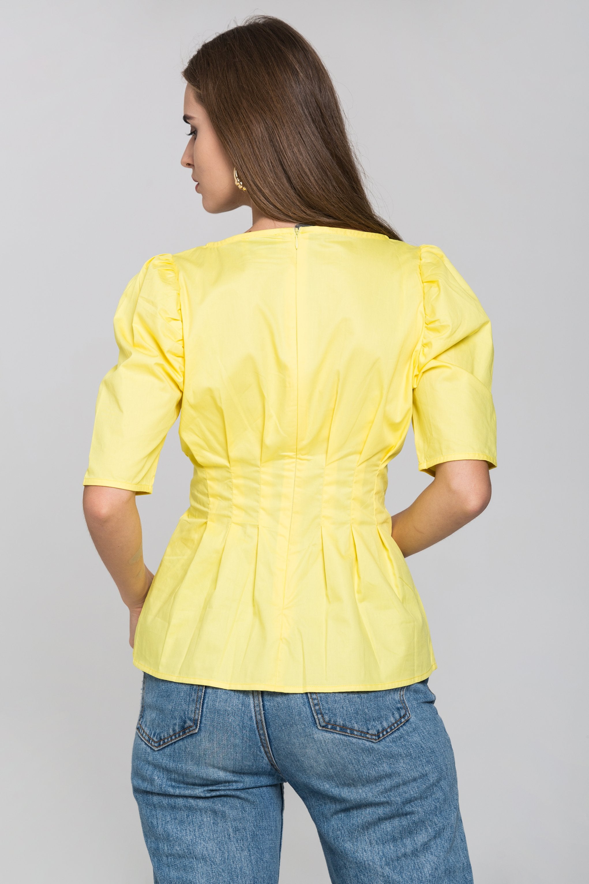 Yellow Pleated Waist Puff Sleeves Top - ownthelooks-Development Yellow Pleated Waist Puff Sleeves Top - ownthelooks-Development