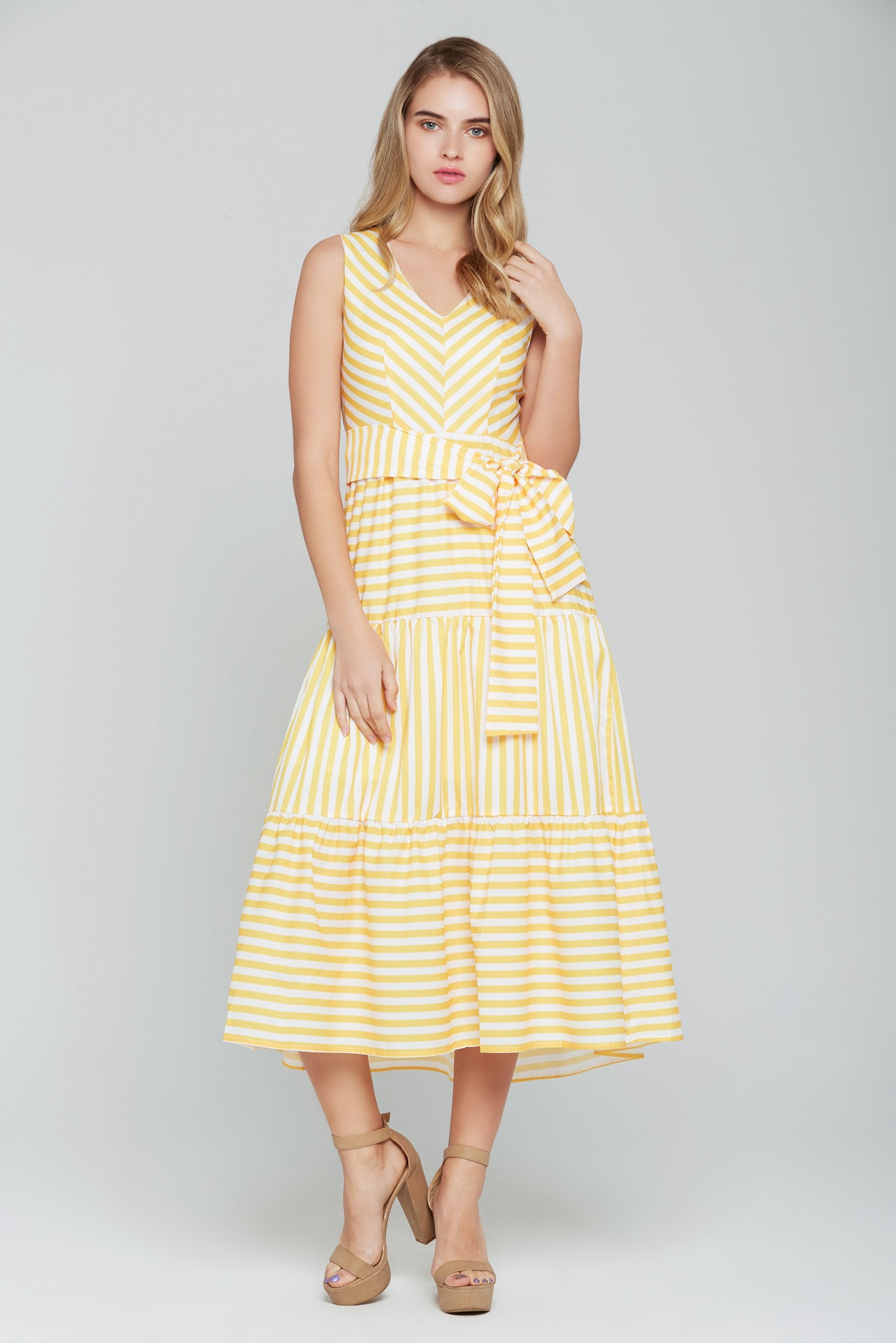 Yellow Striped Sleeveless Midi Dress - ownthelooks-Development Yellow Striped Sleeveless Midi Dress - ownthelooks-Development