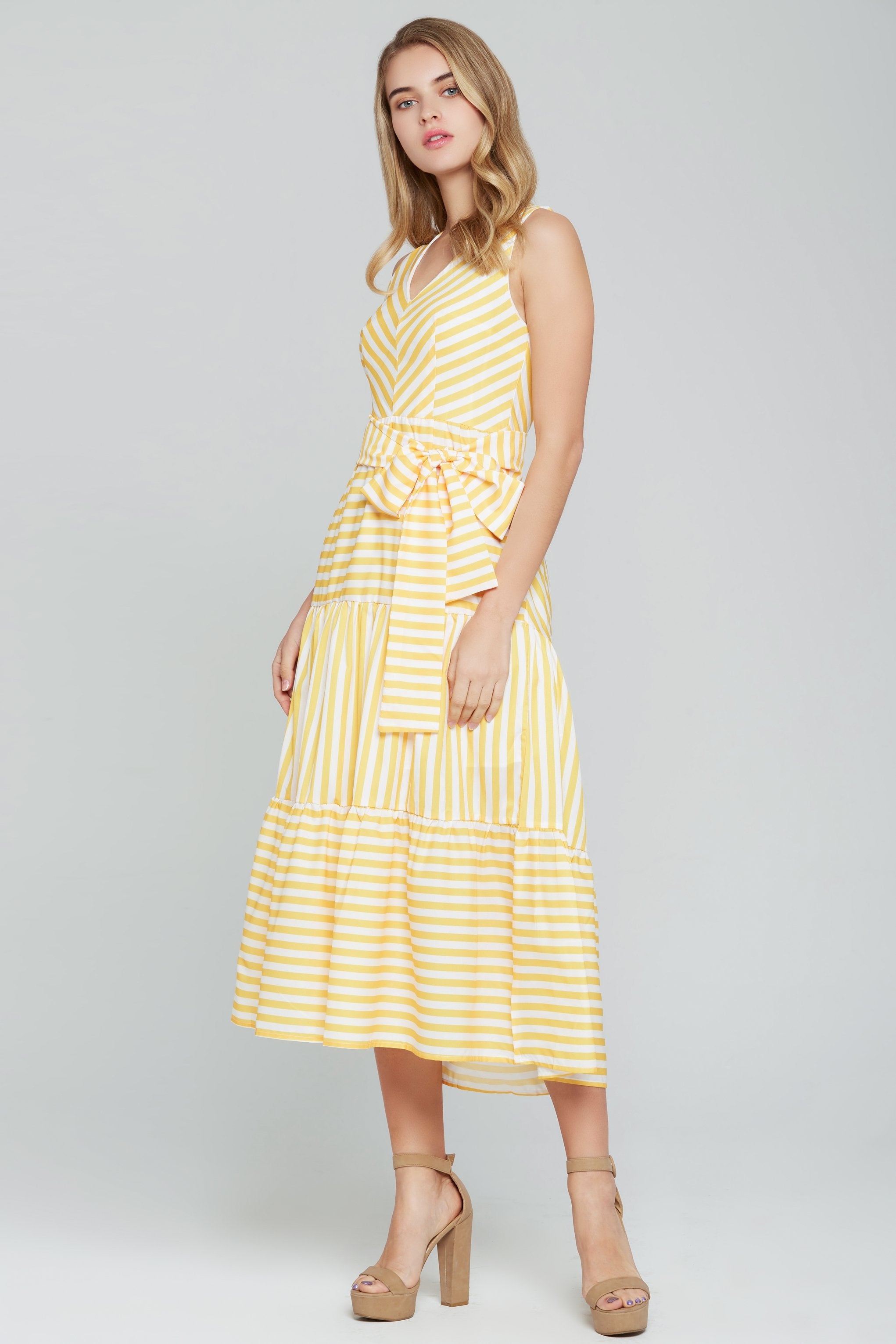 Yellow Striped Sleeveless Midi Dress - ownthelooks-Development Yellow Striped Sleeveless Midi Dress - ownthelooks-Development