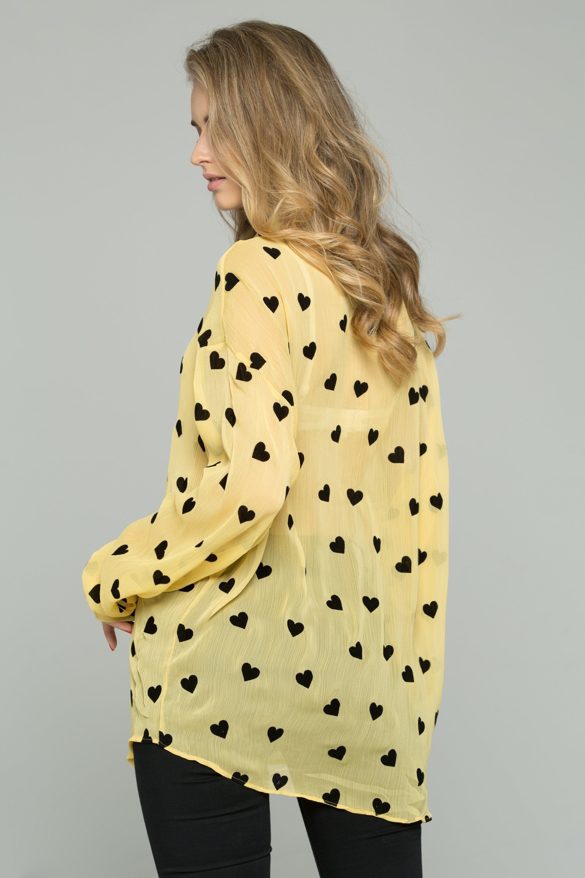 Yellow and Black Chiffon Heart Graphic Print Long Sleeve Shirt - ownthelooks-Development Yellow and Black Chiffon Heart Graphic Print Long Sleeve Shirt - ownthelooks-Development