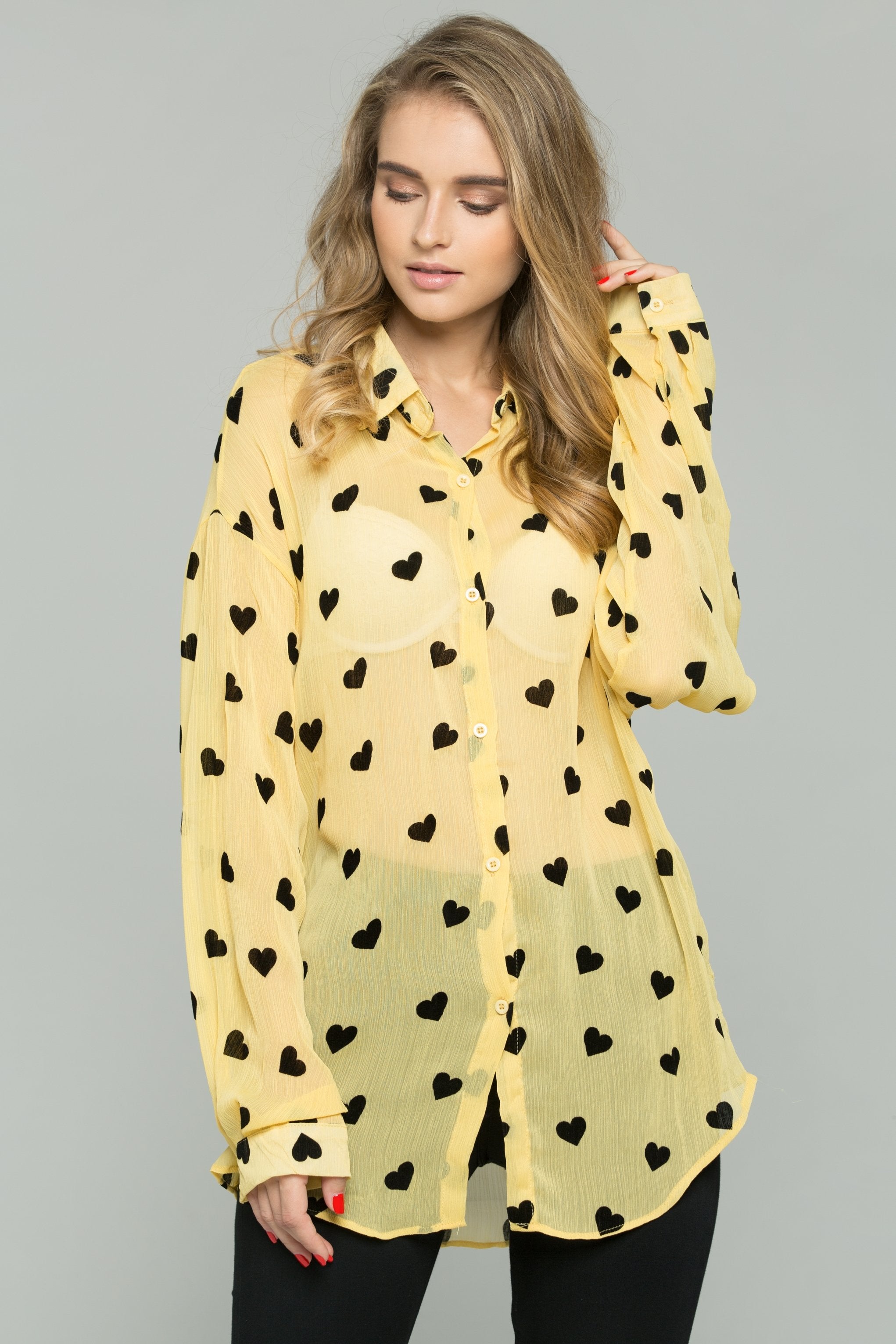 Yellow and Black Chiffon Heart Graphic Print Long Sleeve Shirt - ownthelooks-Development Yellow and Black Chiffon Heart Graphic Print Long Sleeve Shirt - ownthelooks-Development