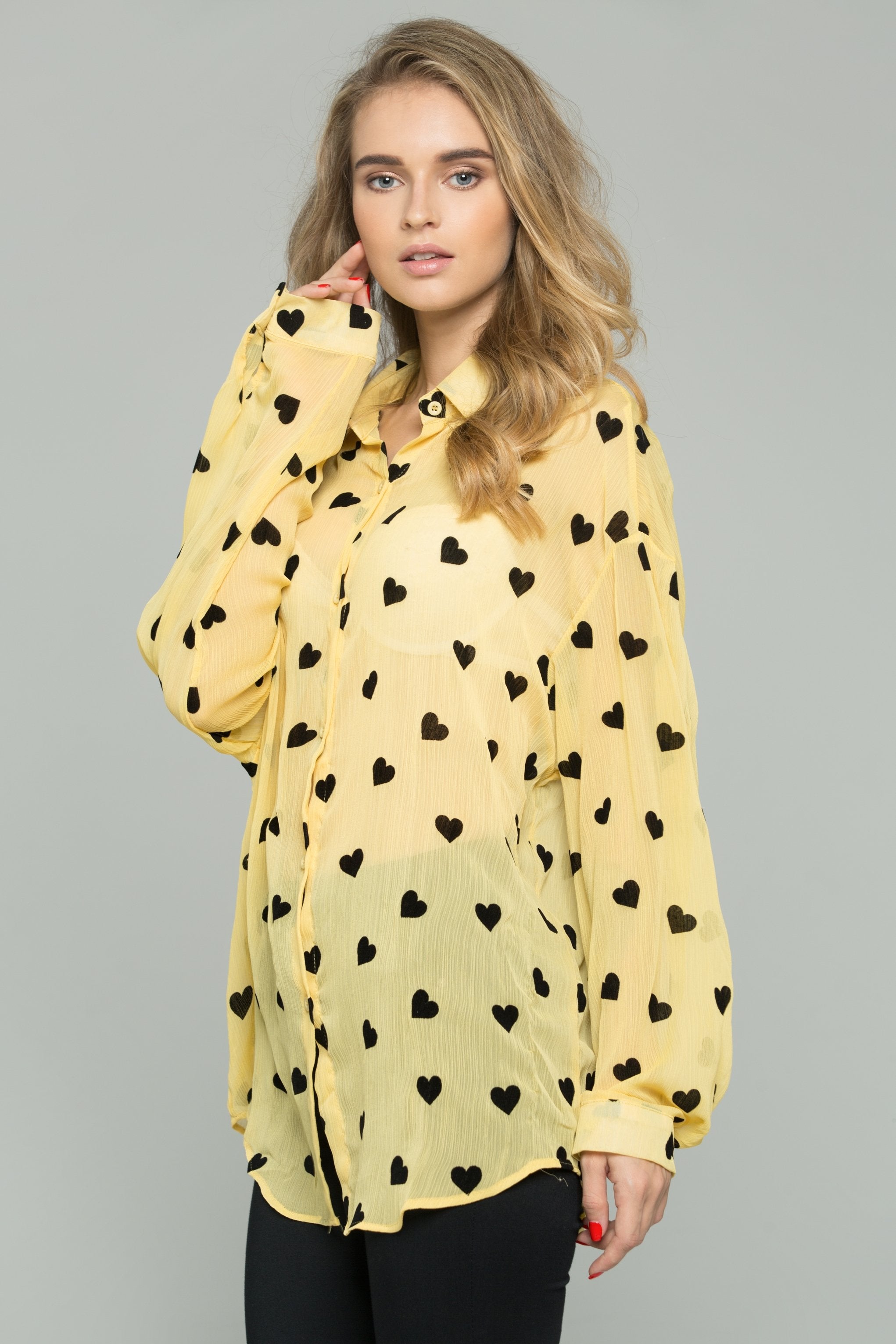 Yellow and Black Chiffon Heart Graphic Print Long Sleeve Shirt - ownthelooks-Development Yellow and Black Chiffon Heart Graphic Print Long Sleeve Shirt - ownthelooks-Development