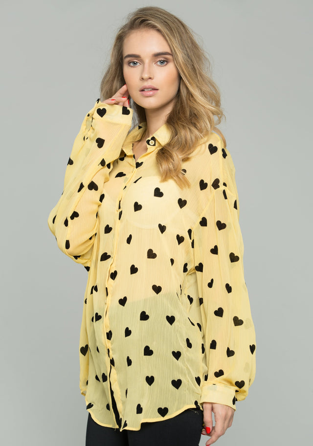 Yellow and Black Chiffon Heart Graphic Print Long Sleeve Shirt - ownthelooks-Development