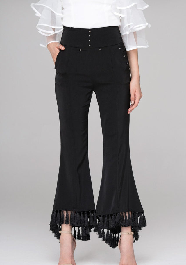 Rania Fawaz - Black Flare Tasseled Hem Trousers - ownthelooks-Development