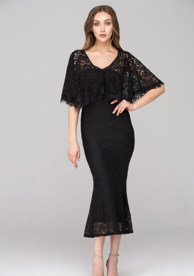 Rania Fawaz - Black Lace Strapless Mermaid Midi Dress with Cape - ownthelooks-Development