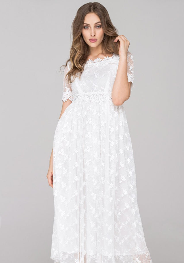 White Embroidered Soft Tulle Maxi Dress - ownthelooks-Development