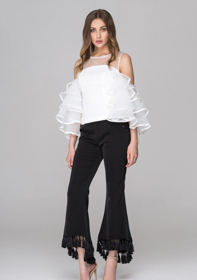 White Sheer Yoke Tiered Ruffle Sleeve Top - ownthelooks-Development