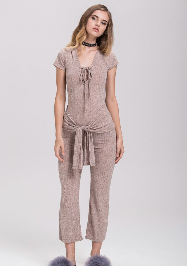 Rania Fawaz - Sand Deep V-neck Tie Waist Cotton Jumpsuit - ownthelooks-Development
