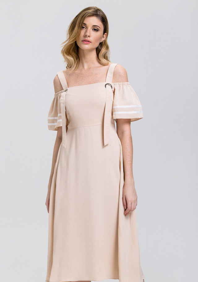 The Real Fouz - Nude Ring Strap off the Shoulder Midi Dress - ownthelooks-Development