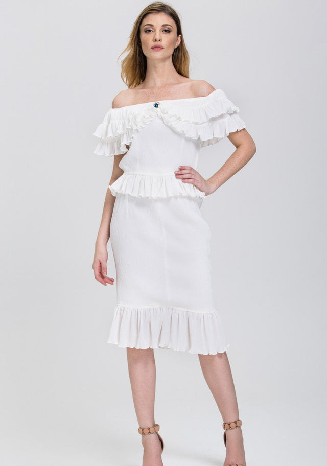 The Real Fouz - White Ruffled Crepe Off the Shoulder Two-piece Midi Dress - ownthelooks-Development