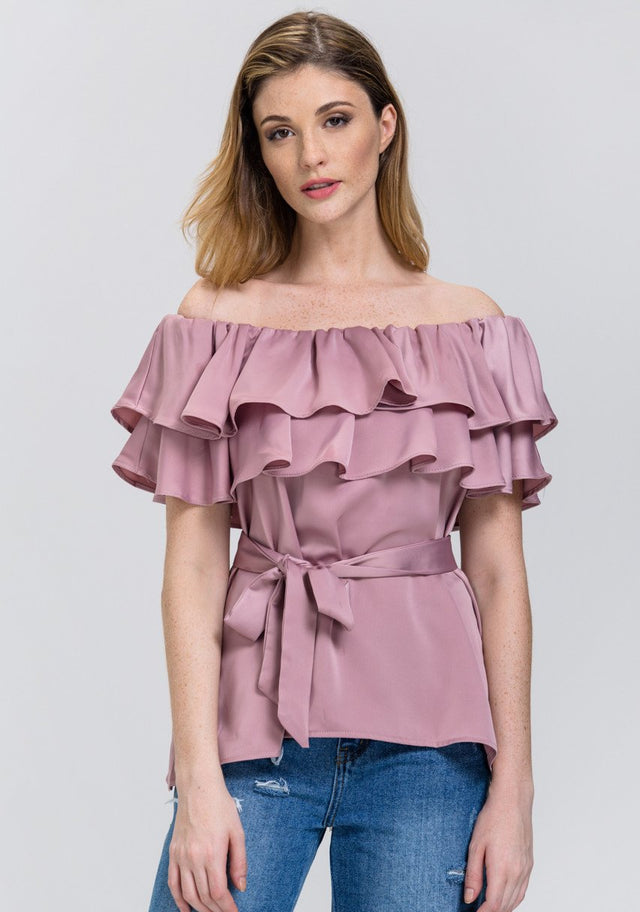 The Real Fouz - Old Rose Satin Tiered Ruffle Off the Shoulder Top - ownthelooks-Development