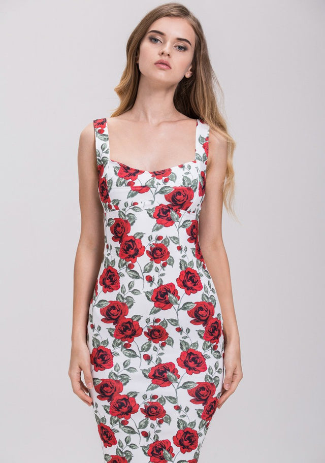 Rania Fawaz - Vintage Rose Print Pencil Midi Dress - ownthelooks-Development