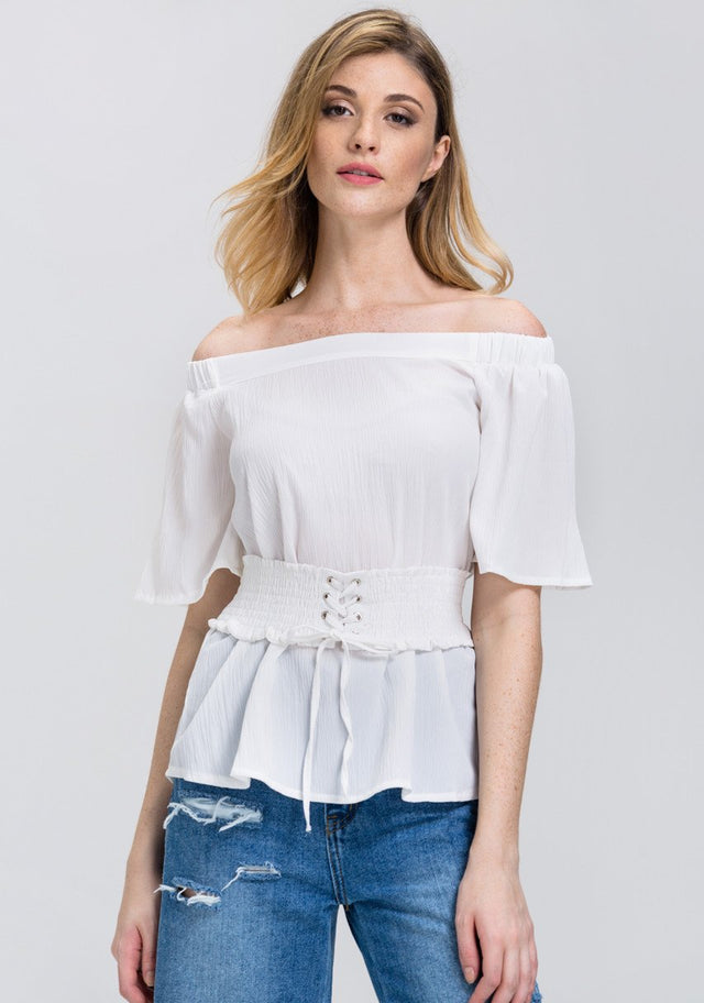 White Crepe Off-The-Shoulder Corset Top - ownthelooks-Development