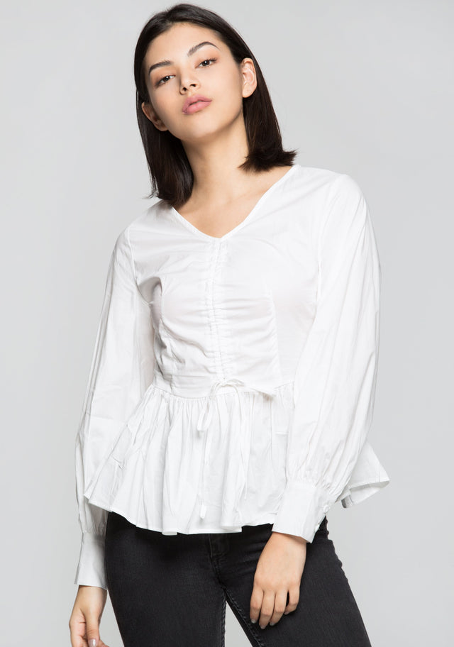 White Full Sleeves Cinched Peplum Top - ownthelooks-Development