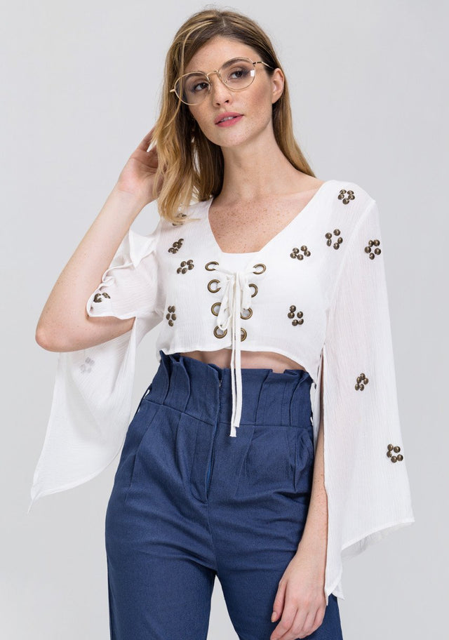 White Lace Up Flare Sleeve Bolero - ownthelooks-Development