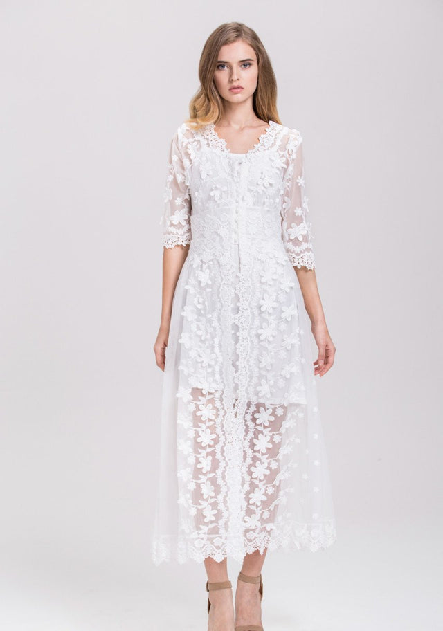 White Soft Tulle Guipure Lace Trim Layered Midi Dress - ownthelooks-Development