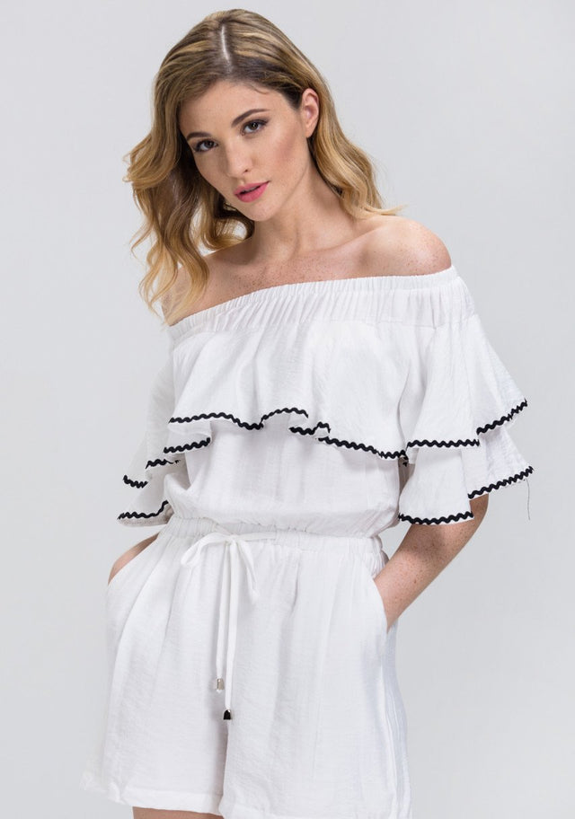 White Ruffled Off the Shoulder Drawstring Playsuit - ownthelooks-Development