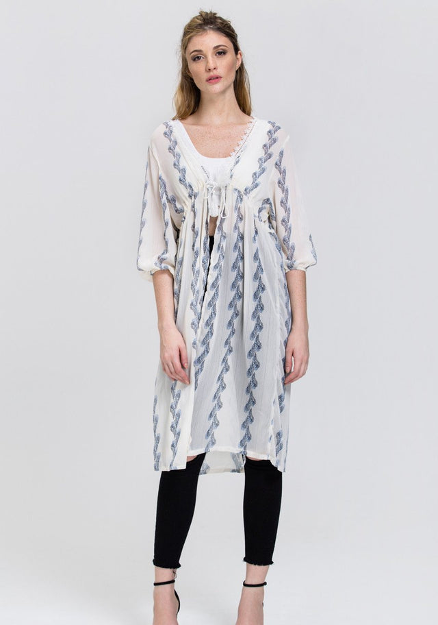White Sheer Feather Print Long Robe Top - ownthelooks-Development