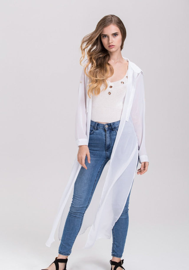 Rania Fawaz - White Sheer Gold Button Long Shirt Top - ownthelooks-Development