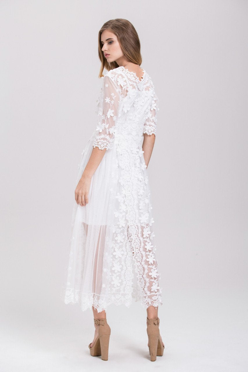 White Soft Tulle Guipure Lace Trim Layered Midi Dress - ownthelooks-Development White Soft Tulle Guipure Lace Trim Layered Midi Dress - ownthelooks-Development