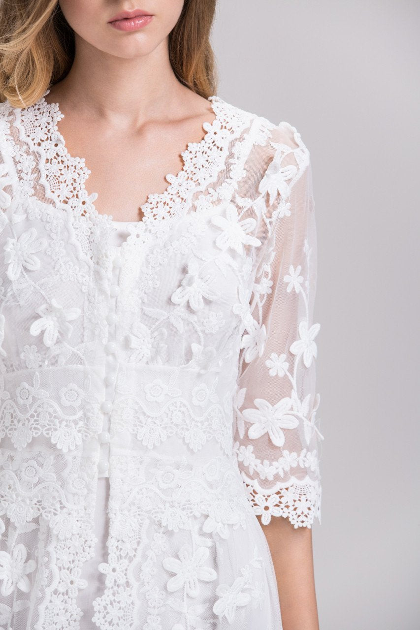 White Soft Tulle Guipure Lace Trim Layered Midi Dress - ownthelooks-Development White Soft Tulle Guipure Lace Trim Layered Midi Dress - ownthelooks-Development