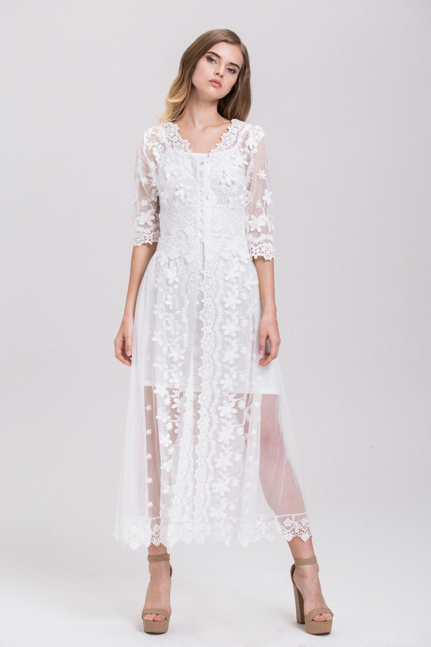 White Soft Tulle Guipure Lace Trim Layered Midi Dress - ownthelooks-Development White Soft Tulle Guipure Lace Trim Layered Midi Dress - ownthelooks-Development